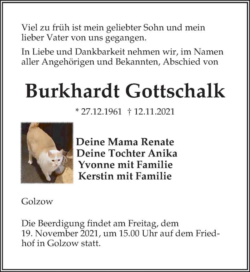  Traueranzeige für Burkhardt Gottschalk vom 17.11.2021 aus Märkischen Allgemeine Zeitung