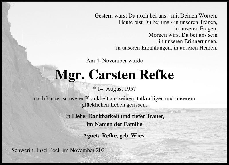  Traueranzeige für Carsten Refke vom 13.11.2021 aus Ostsee-Zeitung GmbH
