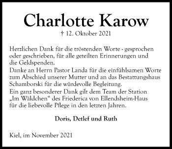 Traueranzeige von Charlotte Karow von Kieler Nachrichten