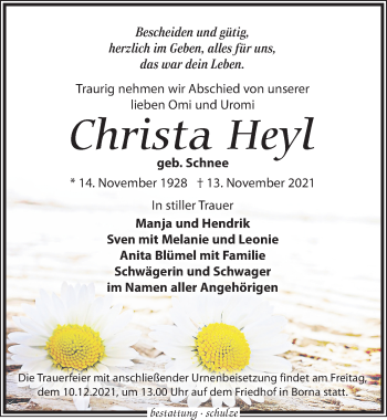 Traueranzeige von Christa Heyl von Leipziger Volkszeitung