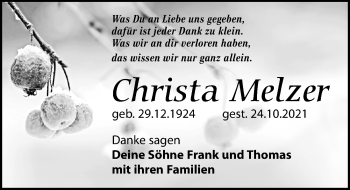 Traueranzeige von Christa Melzer von Leipziger Volkszeitung