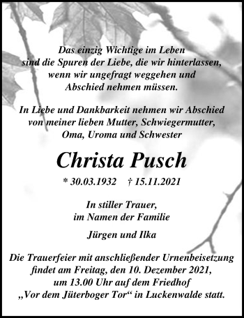 Traueranzeige von Christa Pusch von Märkischen Allgemeine Zeitung