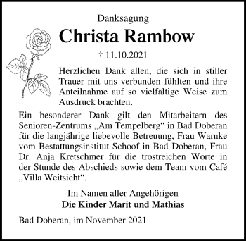 Traueranzeige von Christa Rambow von Ostsee-Zeitung GmbH