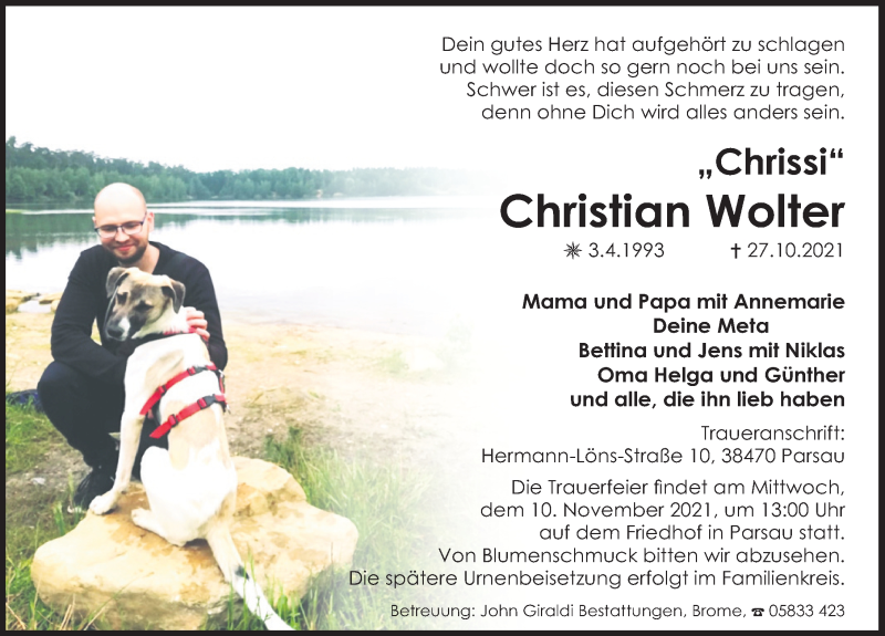  Traueranzeige für Christian Wolter vom 05.11.2021 aus Aller Zeitung