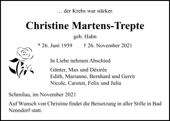 Traueranzeige von Christine Martens-Trepte von Lübecker Nachrichten
