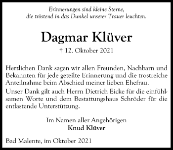 Traueranzeige von Dagmar Klüver von Kieler Nachrichten