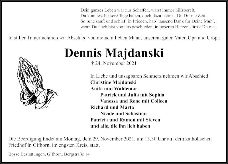  Traueranzeige für Dennis Majdanski vom 27.11.2021 aus Aller Zeitung