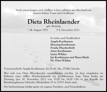 Traueranzeige von Dieta Rheinlaender von Lübecker Nachrichten