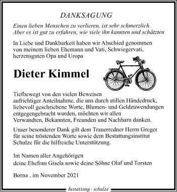 Traueranzeige von Dieter Kimmel von Leipziger Volkszeitung