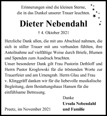 Traueranzeige von Dieter Nebendahl von Kieler Nachrichten