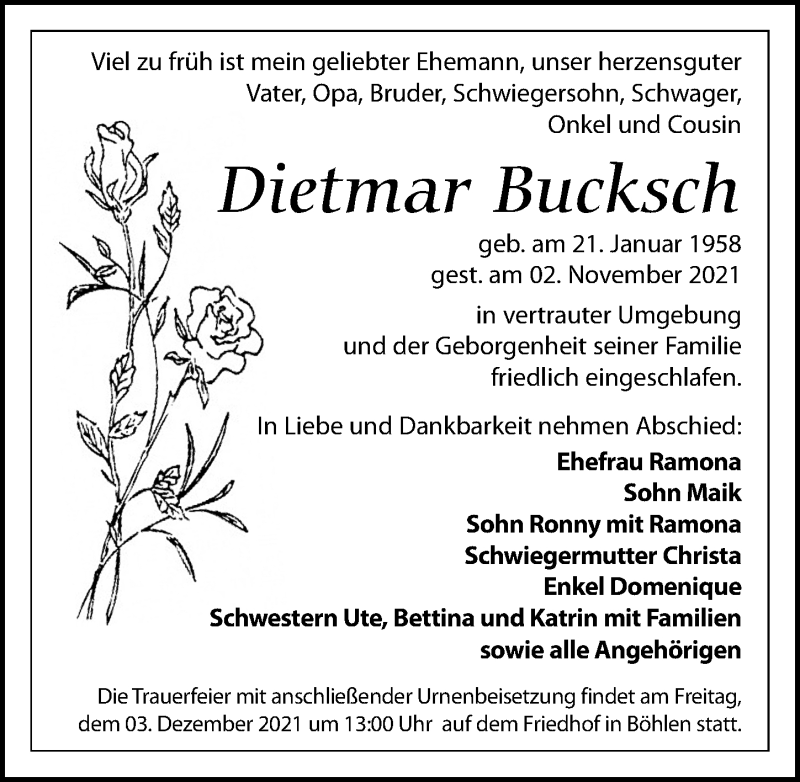  Traueranzeige für Dietmar Bucksch vom 20.11.2021 aus Leipziger Volkszeitung
