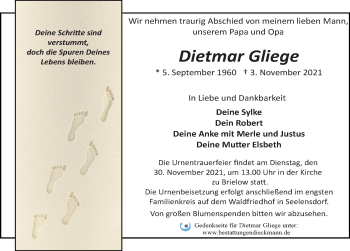 Traueranzeige von Dietmar Gliege von Märkischen Allgemeine Zeitung