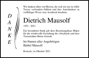 Traueranzeige von Dietrich Mausolf von Ostsee-Zeitung GmbH