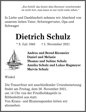 Traueranzeige von Dietrich Schulz von Aller Zeitung