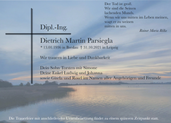 Traueranzeige von Dietrich Martin Parsiegla von Leipziger Volkszeitung