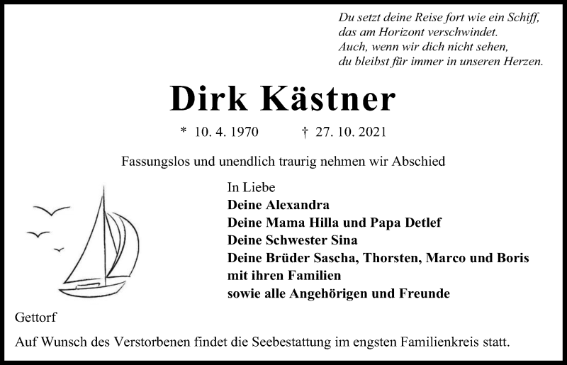  Traueranzeige für Dirk Kästner vom 06.11.2021 aus Kieler Nachrichten