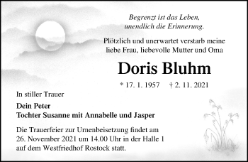 Traueranzeige von Doris Bluhm von Ostsee-Zeitung GmbH