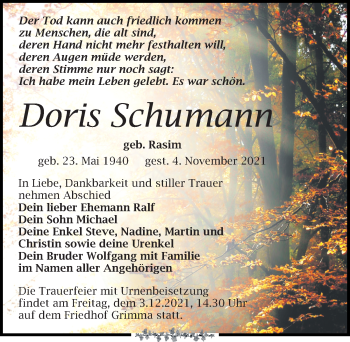 Traueranzeige von Doris Schumann von Leipziger Volkszeitung