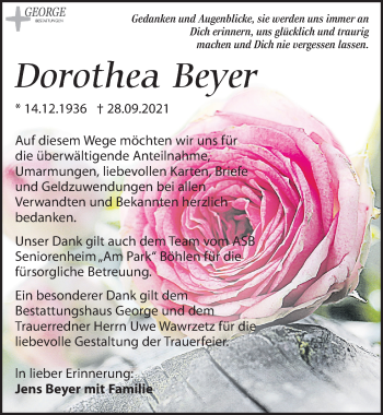 Traueranzeige von Dorothea Beyer von Leipziger Volkszeitung