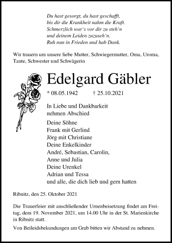 Traueranzeige von Edelgard Gäbler von Ostsee-Zeitung GmbH