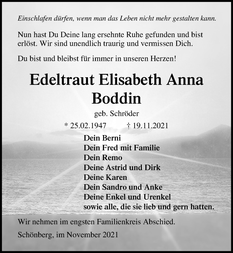  Traueranzeige für Edeltraut Elisabeth Anna Boddin vom 24.11.2021 aus Ostsee-Zeitung GmbH