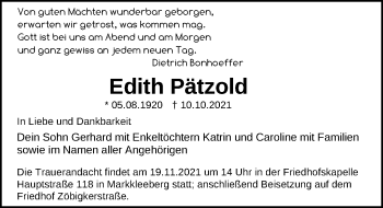 Traueranzeige von Edith Pätzold von Leipziger Volkszeitung