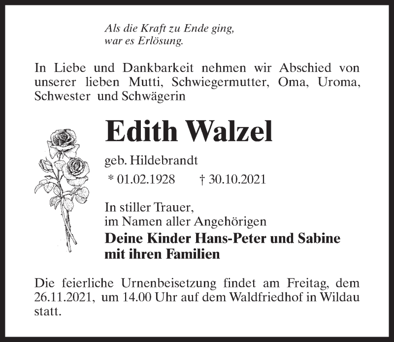  Traueranzeige für Edith Walzel vom 06.11.2021 aus Märkischen Allgemeine Zeitung