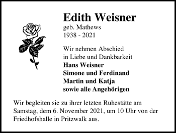 Traueranzeige von Edith Weisner von Märkischen Allgemeine Zeitung