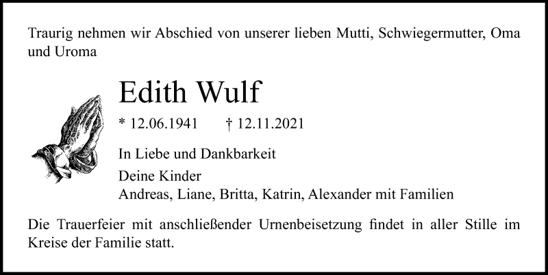  Traueranzeige für Edith Wulf vom 27.11.2021 aus Ostsee-Zeitung GmbH