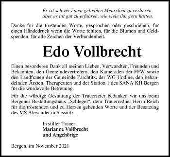 Traueranzeige von Edo Vollbrecht von Ostsee-Zeitung GmbH