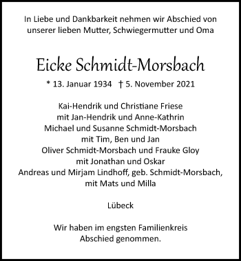 Traueranzeige von Eicke Schmidt-Morsbach von Lübecker Nachrichten