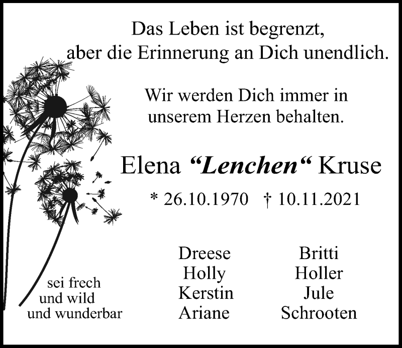  Traueranzeige für Elena Kruse vom 20.11.2021 aus Kieler Nachrichten