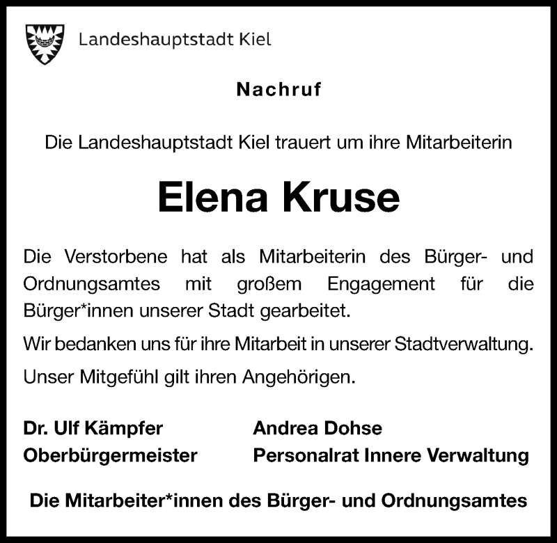  Traueranzeige für Elena Kruse vom 13.11.2021 aus Kieler Nachrichten