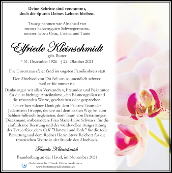 Traueranzeige von Elfriede Kleinschmidt von Märkischen Allgemeine Zeitung