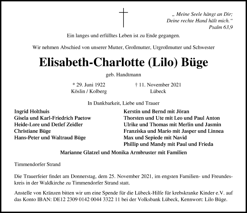  Traueranzeige für Elisabeth-Charlotte Büge vom 21.11.2021 aus Lübecker Nachrichten