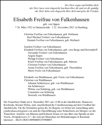 Traueranzeige von Elisabeth Freifrau von Falkenhausen von Hannoversche Allgemeine Zeitung/Neue Presse