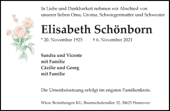 Traueranzeige von Elisabeth Schönborn von Hannoversche Allgemeine Zeitung/Neue Presse