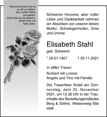 Traueranzeige von Elisabeth Stahl von Ostsee-Zeitung GmbH