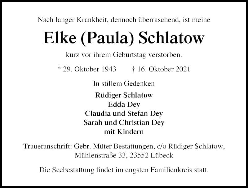  Traueranzeige für Elke Schlatow vom 28.11.2021 aus Lübecker Nachrichten