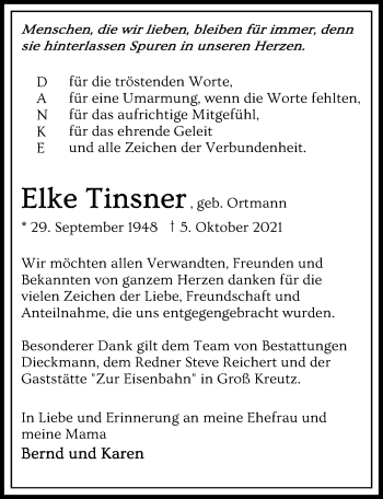 Traueranzeige von Elke Tinsner von Märkischen Allgemeine Zeitung