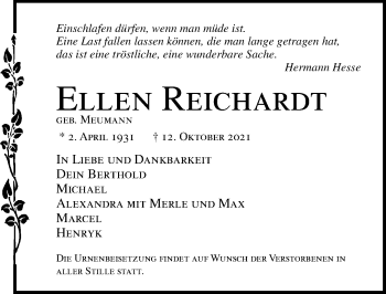 Traueranzeige von Ellen Reichardt von Lübecker Nachrichten