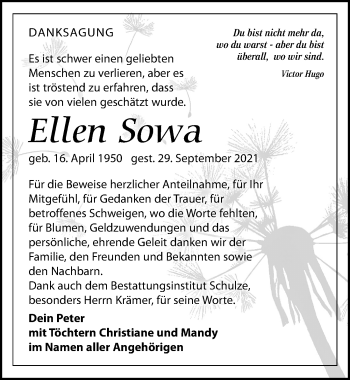 Traueranzeige von Ellen Sowa von Leipziger Volkszeitung