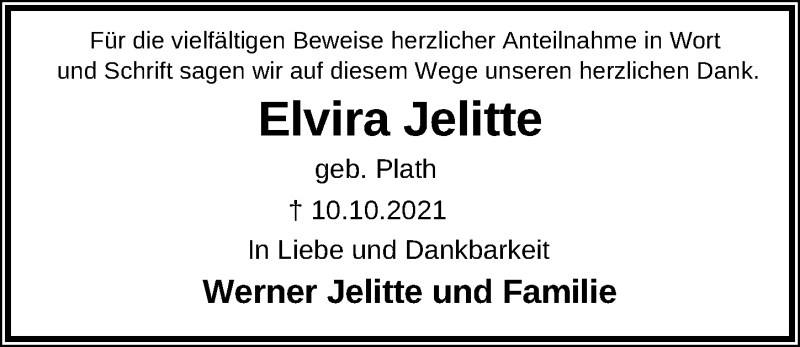  Traueranzeige für Elvira Jelitte vom 14.11.2021 aus Lübecker Nachrichten