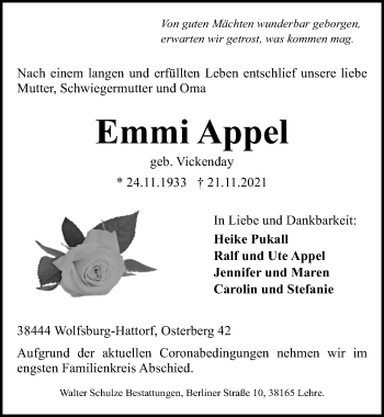 Traueranzeige von Emmi Appel von Aller Zeitung