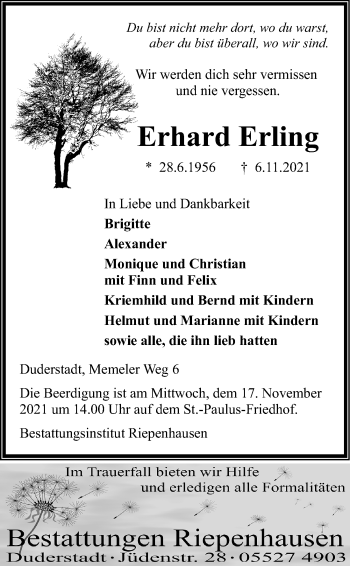 Traueranzeige von Erhard Erling von Eichsfelder Tageblatt