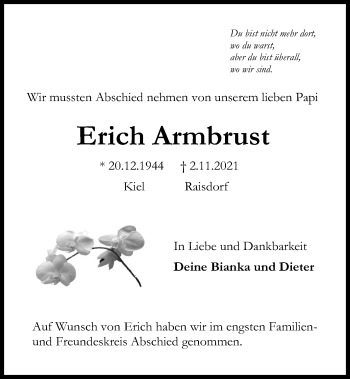 Traueranzeige von Erich Armbrust von Kieler Nachrichten