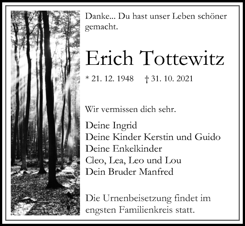  Traueranzeige für Erich Tottewitz vom 06.11.2021 aus Märkischen Allgemeine Zeitung