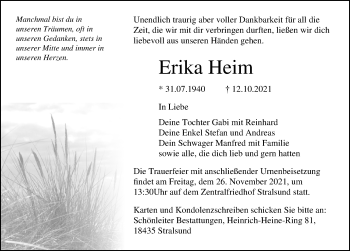 Traueranzeige von Erika Heim von Ostsee-Zeitung GmbH