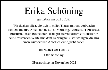 Traueranzeige von Erika Schöning von Lübecker Nachrichten