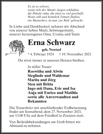 Traueranzeige von Erna Schwarz von Märkischen Allgemeine Zeitung